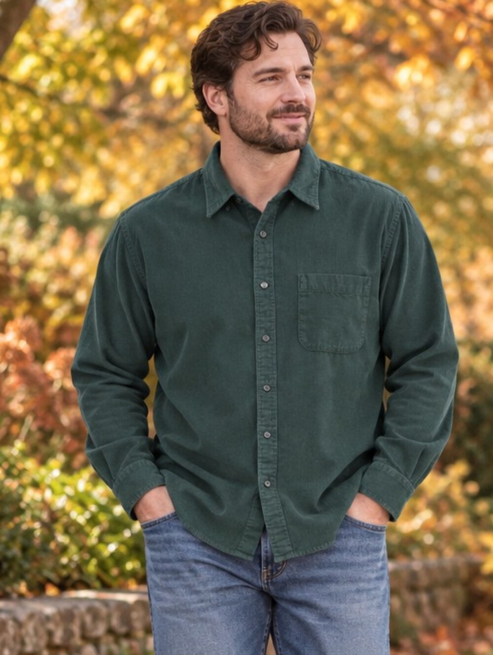 Uniqlo Long Sleeve Button-front Corduroy Shirt in Hunter Green Preppy Men's XL